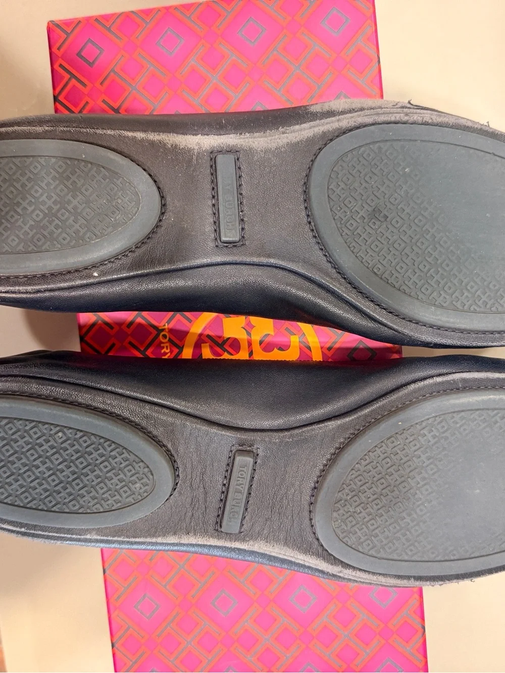 Tory Burch Navy Leather Logo Ballet Flats
